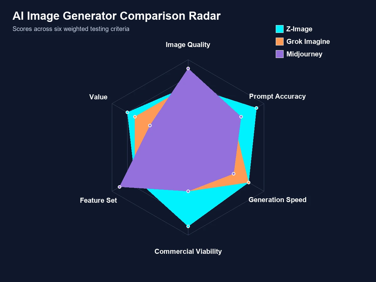 Radar chart comparing Z-Image, Grok Imagine, and Midjourney across six testing criteria